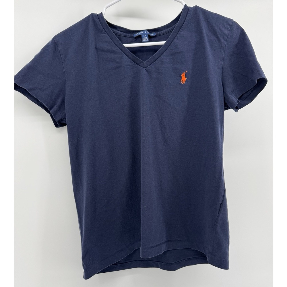 Ralph Lauren Men's V-Neck Short Sleeve T-Shirt Dark Blue Large Orange Pony